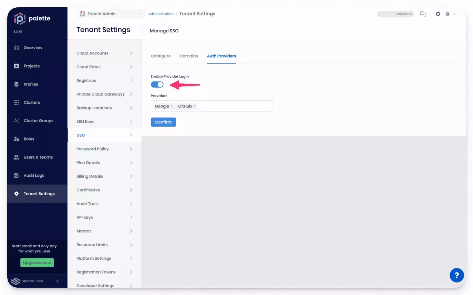 The Auth providers tenant settings page with an arrow toward the toggle button.