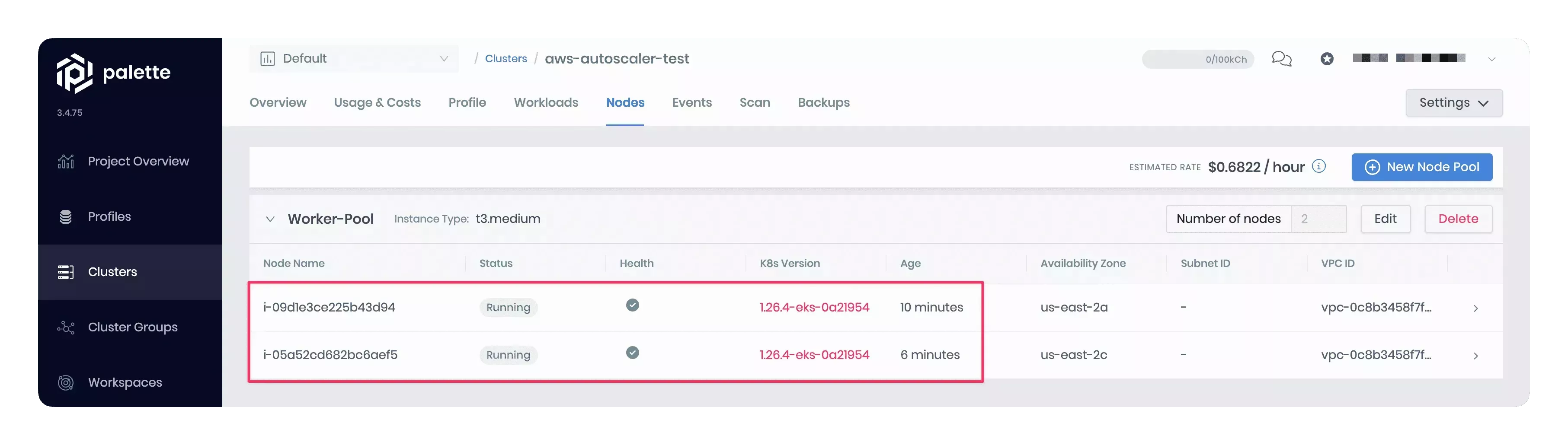 A snapshot displaying new nodes of the size t3.medium spin up automatically, collectively providing enough capacity to accommodate the current workload. 